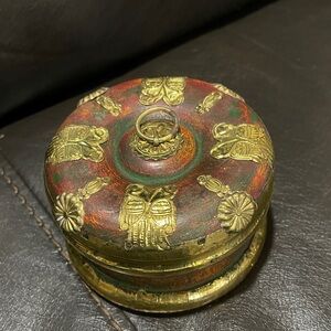 Ornate gilded/gold wood/wooden tin/embossed bird/owl trinket/jewlery box round